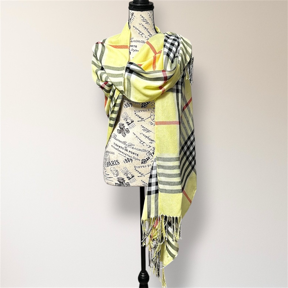 Pashmina Silk Blend Plaid Check Scarf Yellow Black White Fringe Wrap Shawl